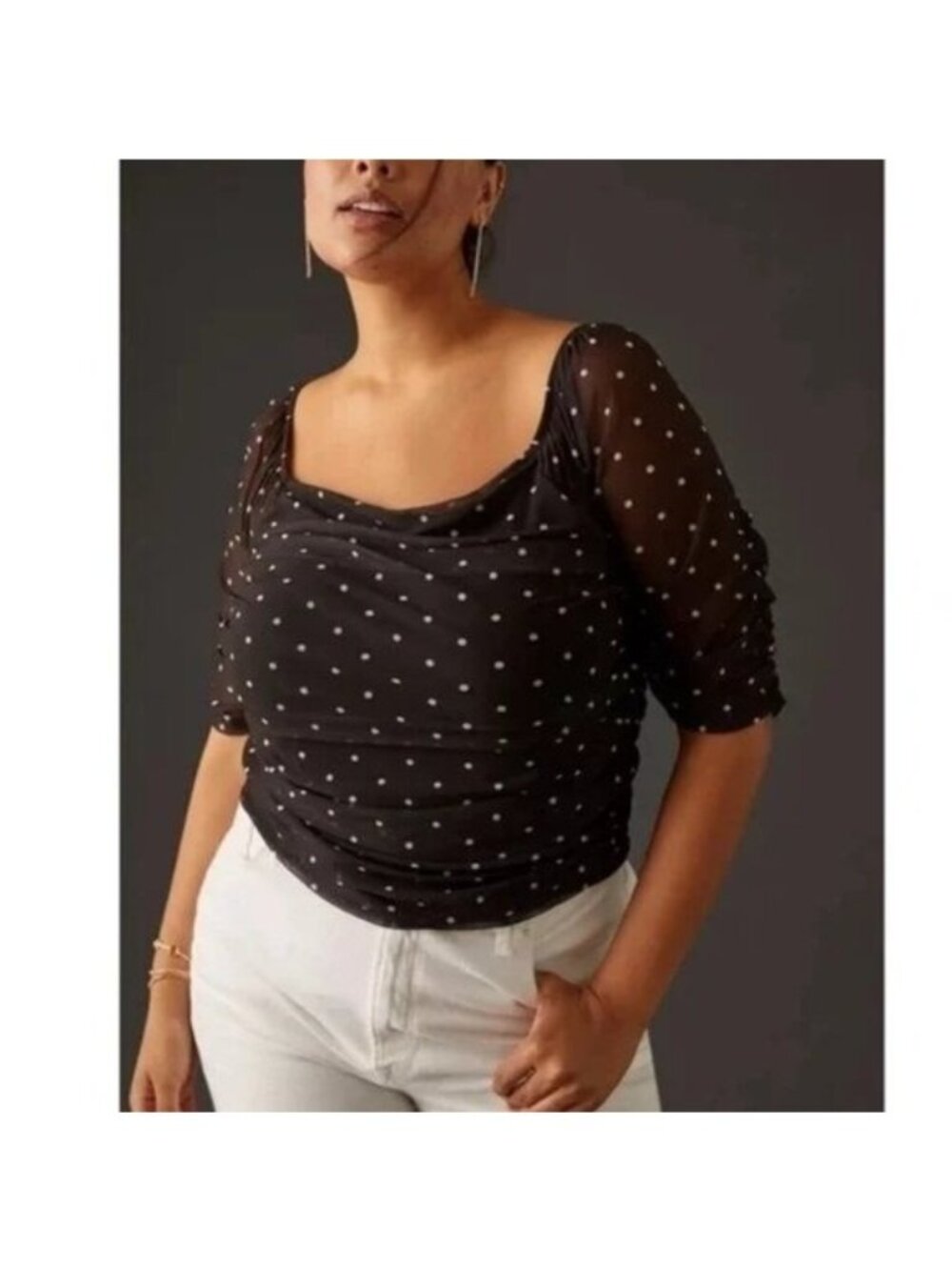 by Anthropologie Shirred Mesh Polka Dot Black NWT